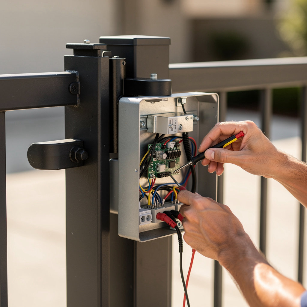 Electric Gates Repairs Company San Diego technician performing detailed electric gate repair and maintenance in San Diego